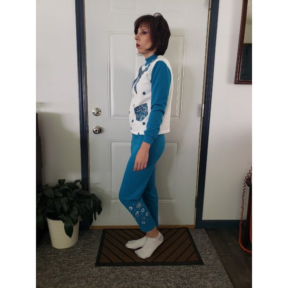 80s Deadstock Teal and White Sweatsuit - Picture 2 of 4